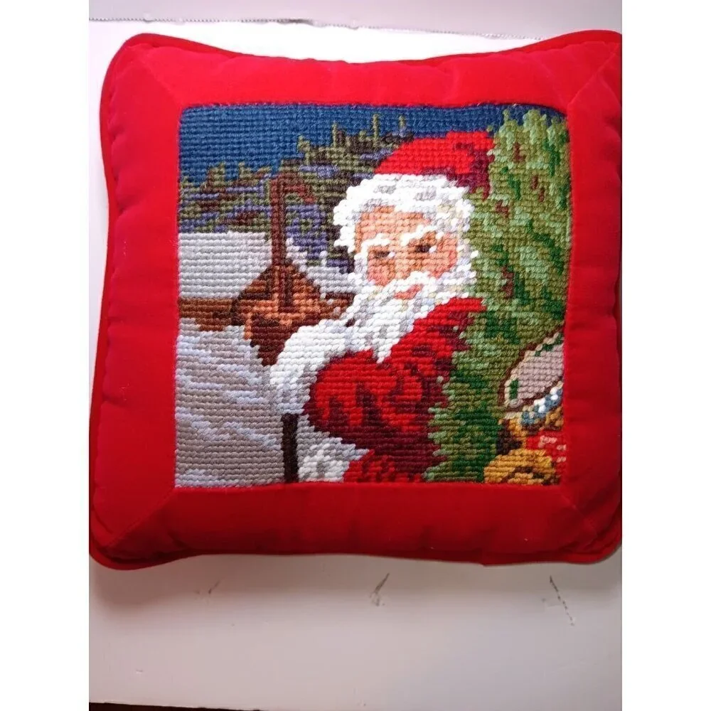 Needlepoint Crosstitch Christmas Pillow Santa Clause Red Velvet 8X9